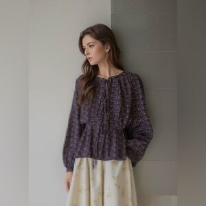 Anthropologie Eze Sur Mer Blouse Tie Purple Ditsy Floral Boho Size Medium NWT